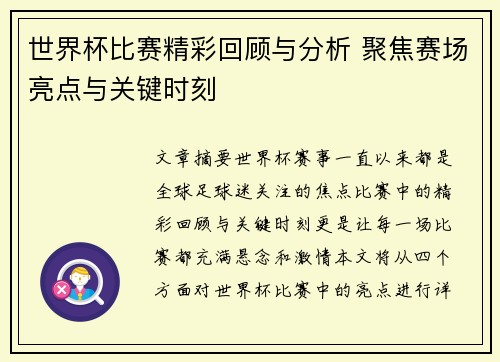 世界杯比赛精彩回顾与分析 聚焦赛场亮点与关键时刻