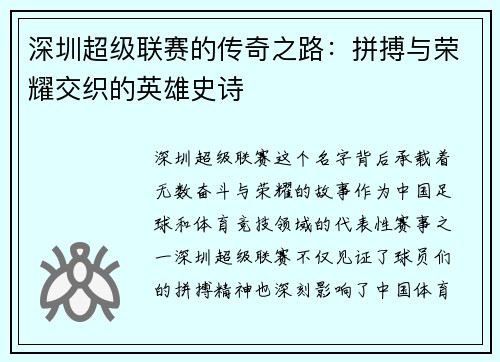 深圳超级联赛的传奇之路：拼搏与荣耀交织的英雄史诗